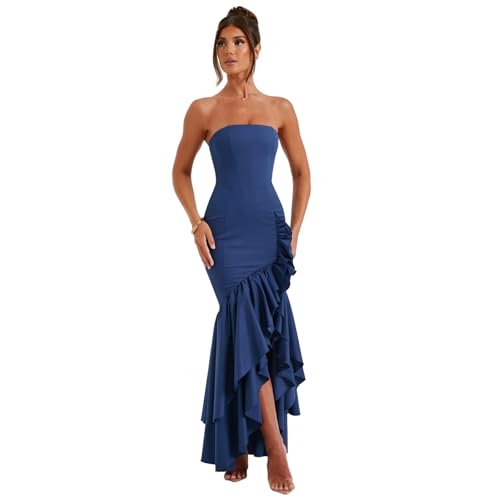 Image of Women's Sexy Strapless Backless High Split Long Maxi Dress Ruched Off Shoulder Sleeveless Bodycon Party Cocktail Dresses