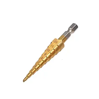 Paczo-Step Drill Bit Hole Drill Bit High Speed Steel Coated Step Drill Bit Hole Cutter Hex Shank Power Tools HSS Titanium Coated Straight Slot Pagoda Drill Triangle Handle Step Drilling Tool for Carbon Steel Sheet Iron Insulation Boards Wood4-12mm -(Gold)