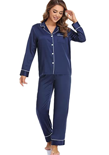 Image of Serenedelicacy Women's Satin Pajama Set Long Sleeve Button Down Sleepwear 2-Piece Silky Pj Set