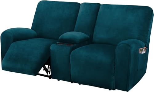 Ultimate Decor Reclining Love Seat with Middle Console Slipcover, 8-Piece Velvet Stretch Loveseat Reclining Sofa Covers, 2 seat Love seat Recliner Cover, Thick, Soft, Washable, (Deep Teal)