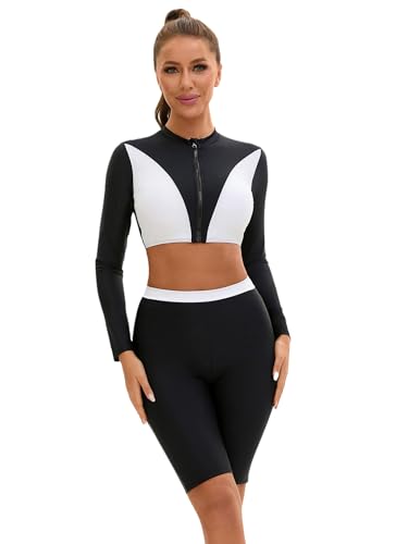 Maillot de bain sportif 2 pièces femme avec haut manches longues et short Jugaoge