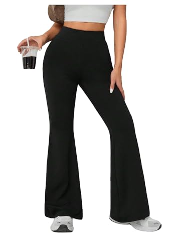 SweatyRocks Women's Solid Color Elastic High Waist Trousers Flared Leg Skinny Pants3