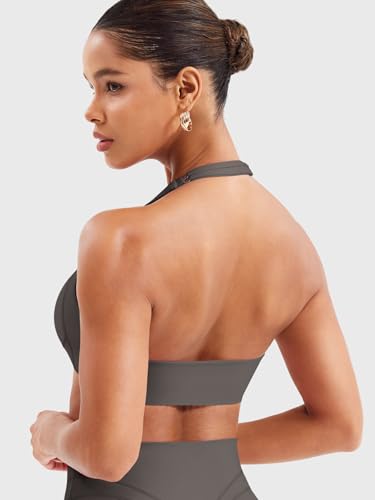 Image of YEOREO Women Halter Sports Bra Light Support V Neck Padded Strappy Open Back Workout Gym Tops