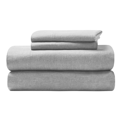 Image of Superior Melange Flannel Cotton Sheet Set, Ultra-Soft Textured Sheets, Modern, Farmhouse Bedding, Basics, Includes; Flat Sheet, Elastic Deep Pocket Fitted Sheet, Pillowcases, California King, Grey