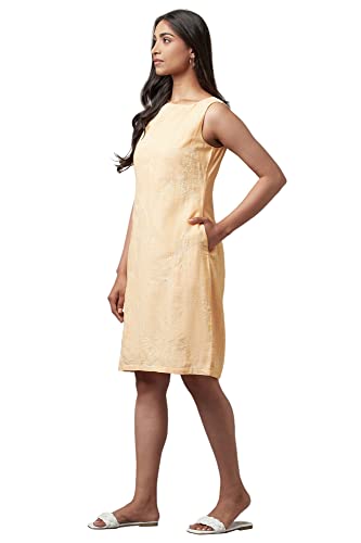 Image of W for Woman Women's Light Orange Cotton Sleeveless Dress with Floral Print Above The Knee