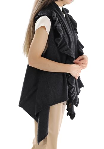 La Fiorentina Women's Knit Wool Vest w/Ruffles, Charcoal Grey3