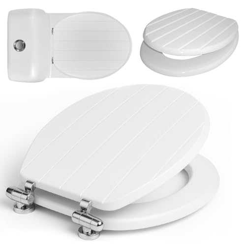 18 White Wooden Toilet Seat - Bathroom Wc Easy Clean Inch | Heavy Duty Easy to Install Hinges Fittings Included - Durable & Comfortable Oval Universal