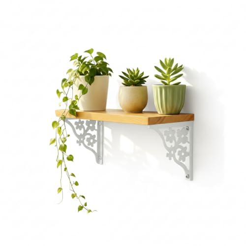 Image of Wall Shelf with Wooden Top Black|White Iron Brackets Storage Rack|Industrial Wall-Mounted Floating Shelf for Living Room,Kitchen,Bathroom (White Triple Floral Small)