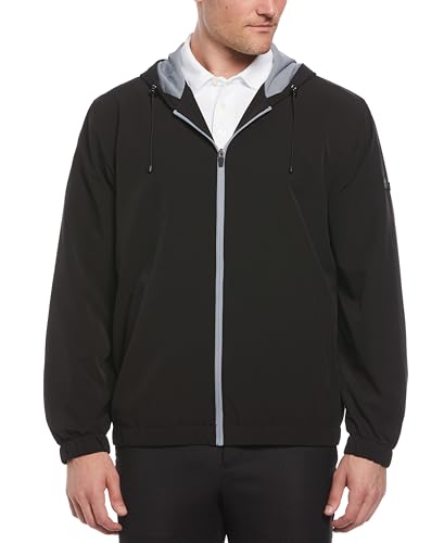 Perry Ellis Men's Long Sleeve Full Zip Golf Jacket with Hood, Stretch, Water-Repellent, Sun Protection, Front Pockets