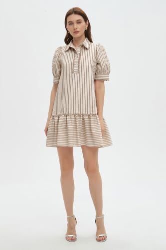 Image of EZAPINE Women Striped Shirt Dress Summer Button Down Collared Short Puff Sleeve Ruffle Hem Casual Flowy Mini Dress