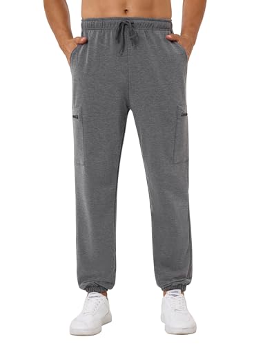 SILKWORLD Mens Cargo Sweatpants Elastic Bottom Baggy Joggers for Men Loose Fit Lounge Pants with Zipper Pockets Dark Heather Grey Large