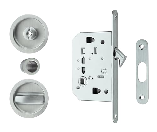 Kit Serratura per Porta Scorrevole tonda in Cromo Satinato – Completo di Maniglia, Ditale di Trascinamento e Viti – In Alluminio e Zama