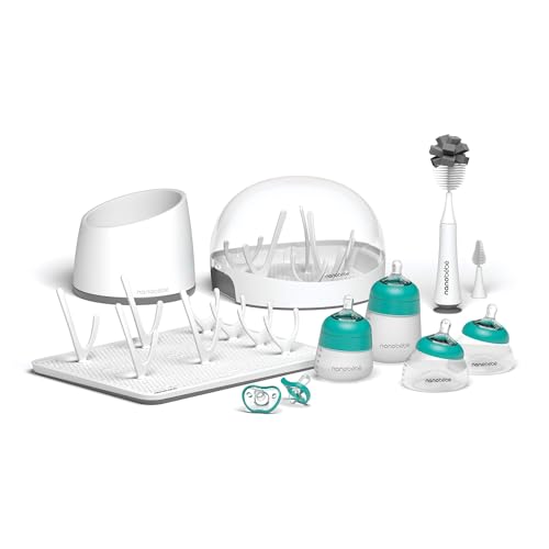 Image of Nanobebe Breastmilk and Silicone Baby Bottle Ultimate Set Gen 2, 5oz and 9oz - with Sterilizer, Drying Rack, Anti-Colic Nipples, Pacifiers, and Warmer - Teal/Grey
