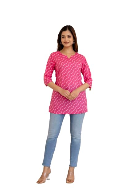 Women Cotton Fabric Lehriya Print V-Neck Short Kurti Top for Girls-picture-25