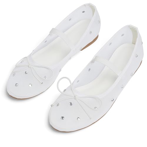 Mesh Ballet Flats for Women Crystal Rhinestone Mary Jane Shoes Comfortable Round Toe Ballerina Flats with Stretch Strap Trendy