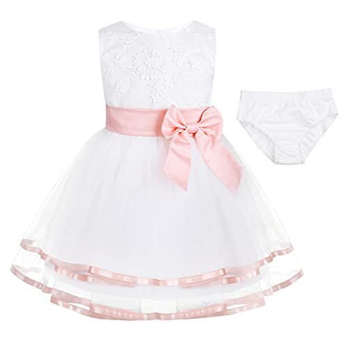 YiZYiF Bébé Fille Robe Princesse Anniversaire Organza Dentelle Robe Baptême Mariage Cérémonie Soirée à Noeud Fleur avec Bloomer Culotte 0 Mois-24 Mois Perle Rose 9-12 Mois