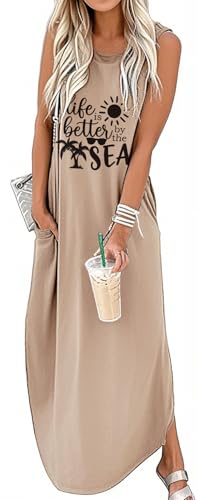 Image of Women's Casual Beach Summer Dresses Sleeveless Graphic Long Sundress Cover Up Dresses with Pocket