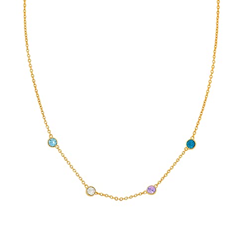 Custom Gold Four Stone Bezel Set CZ Birthstone Necklace, 16