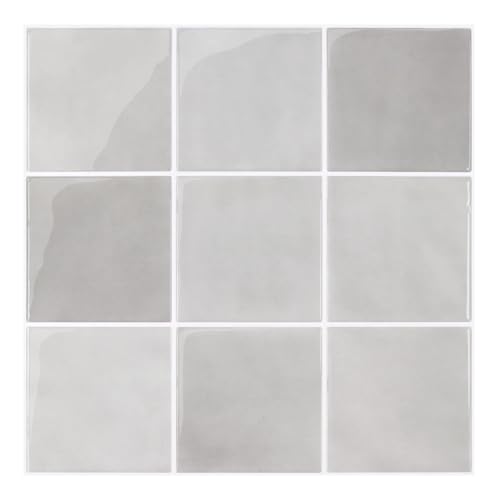 Commomy Gruesas Azulejos Adhesivos Cocina, 10-Piezas, 30.5 x 30.5cm, Gris Claro Baldosa Vinilo Cocina Pared Autoadhesivos 3D, Salpicadero Baldosas Adhesivas para Pared Cocina Baño y Metro
