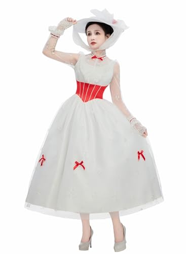 haikyuu Vestido de cosplay de Mary para mujer con sombrero, vestido de la era eduardiana, disfraz vintage renacentista para Halloween (blanco, XL)