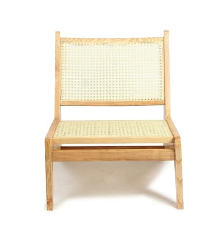 Image of Handcrafted Natural Wood Lounge Chair with Cane Rattan Weave, Modern Minimalist Design, Indoor Living Room Accent