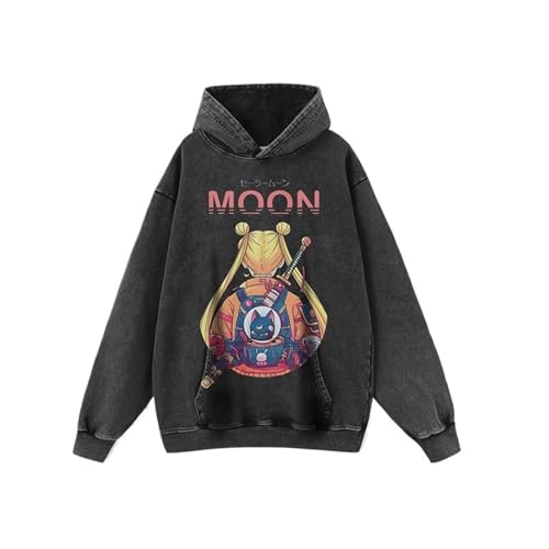 Sai-lor Moon Sudadera con capucha para mujer, lavado al ácido de manga larga, para exteriores, deporte, calle(Grey_M)