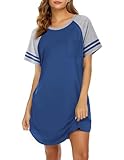 Ekouaer Nightgowns for Women Short Sleeve Sleepshirts Crew Neck Nightshirts Color Block Pajamas Dress Soft Sleepwear Blue Medium