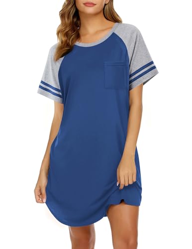 Image of Ekouaer Nightgowns for Women Color Block Sleep Shirt Short Sleeve Sleepwear