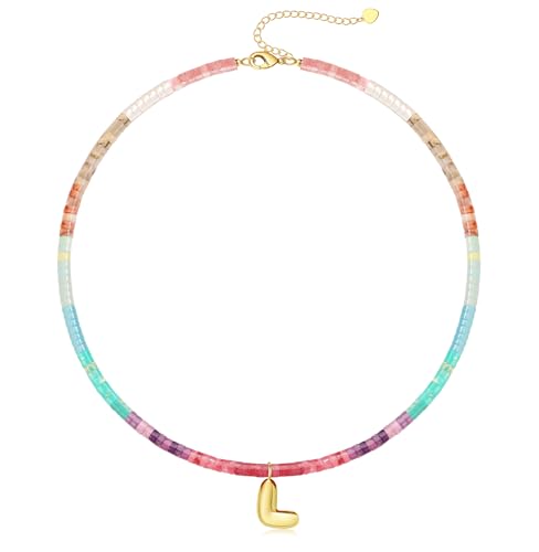 Beaded Initial Necklaces for Women Teen Girl Gifts Trendy Stuff Colorful Gemstone Choker Necklace with Bubble A-Z Stocking Stuffers for Teens Christmas Gifts for Her Birthday Summer Beach Jewelry for Daughter Sister Friend