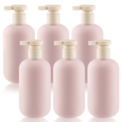 DMuuuDM 6 Pcs 10 oz Soft Plastic Bottles with Press Pump,Empty Refillable Travel Shampoo Dispenser Container for Hand Soap,Shampoo,Lotion,Body Wash,Conditioner,Silicone Funnel Included (Pink)