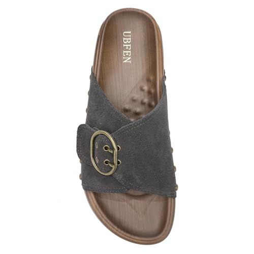 Image of UBFEN Womens Platform Slide Sandals | Real Leather,Buckle Sandals with Cushioned Flatform Footbed,Comfortable for Walking,Arch Support,Casual Styling