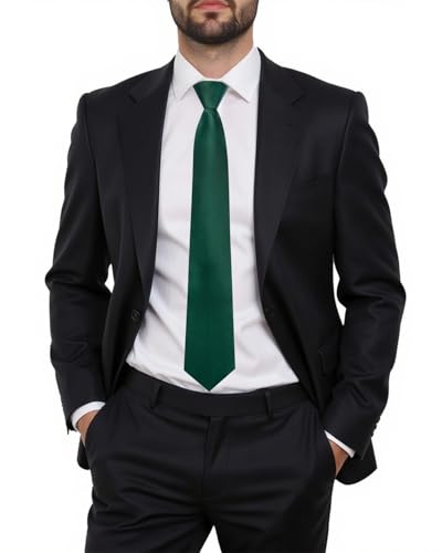 Image of Hi-Tie Zipper Ties for Men Dark Green Pre-Tied Necktie Lapel Pin Pocket Square Cufflinks Set