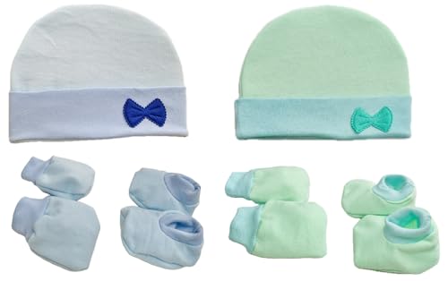 VIN® New Born Baby Cotton Soft Mittens Bow Design Caps Gloves Booty Combo for 0 to 6 Months Unisex Durable Gift Set (Pack of 2 Pair) (Green and Blue)