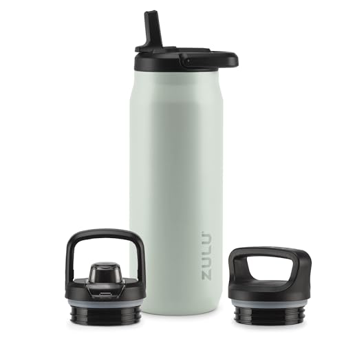 Image of ZULU Base 32oz Stainless Steel Water Bottle with 3 Lids- Straw, Chug, Twist | Double Walled and Vacuum Insulated Metal Thermos | For Gym, Outdoor | Built in Carry Loop, Dishwasher Safe, Sage
