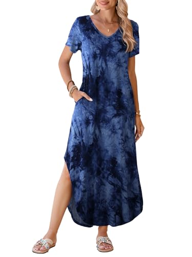 Image of BELAROI Plus Size Maxi Dress for Women Summer Casual V Neck Short Sleeve Long Dress with Pockets Beach Vacation Cover Up