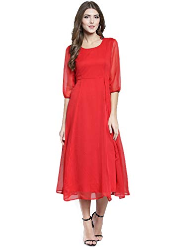 Image of Sera Women's Solid Red Polyester Fit & Flare Party Midi Dress