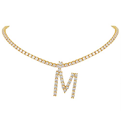 FindChic Bling Fully CZ Tennis Chain Initial Necklace for Women 16'' Butterfly Choker 18K Gold Plated Simulated Diamond Cubic Zirconia Letter Necklace