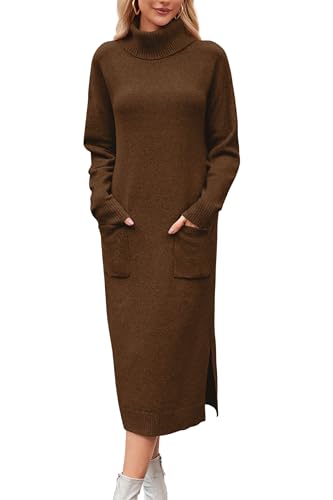 Arach&Cloz Robe tricotée Longue en Laine pour Femme, col roulé, Ample, avec Poches, pour l'automne et l'hiver