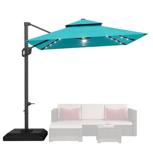 10' x 10' Heavy Duty Cantilever Patio Umbrella with Solar LED Lights & Weighted Base, 2-Tier Square Aluminum Offset Umbrella with 360-Degree Rotation for Backyard, Deck, Pool, Turquoise Blue