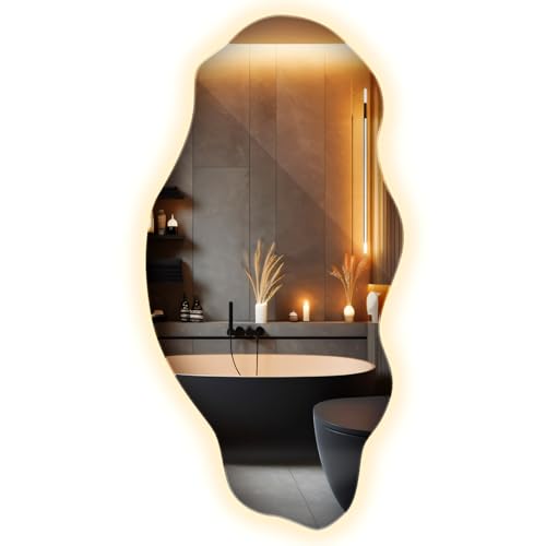 LED Spiegel Unregelmäßige Form 40x80 cm | Warmweiß Licht | Badspiegel mit Beleuchtung | Wandspiegel Modern | Designspiegel Badezimmer | Schminkspiegel | Ohne Rahmen | Dekospiegel