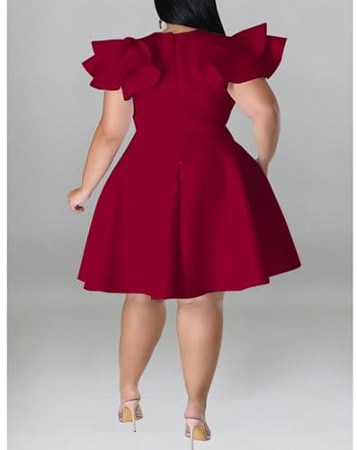 Image of IyMoo Women's Plus Size Cape Flutter Sleeve Stretchy A Line Swing Flared Skater Cocktail Party Dress with Pockets