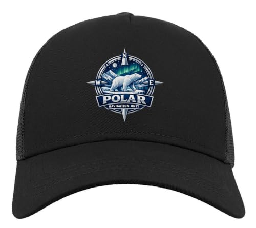 Arctic Explorer Compass and Polar Bear Half Mesh Cotton Trucker Cap Baseball Hat Black