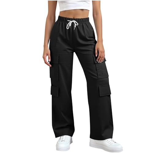 Generisch Damen Cargo Hosen Outdoor Arbeitshose mit Großen Taschen, Elastische Taille - Leicht & Atmungsaktiv für Wandern, Freizeitstyle (DE/NL/SE/PL, Alphanumerisch, M, Regular, Regular, Schwarz)