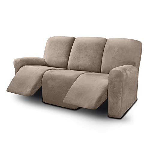 ULTICOR Velvet 8-Pieces Recliner Sofa Covers Stretch Reclining Couch Covers for 3 Cushion Reclining Sofa Slipcovers Furniture Covers Thick Soft Washable (3 Seater Recliner Cover, Taupe)