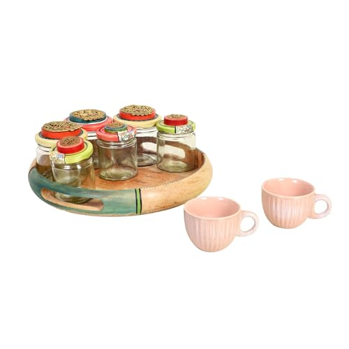 Image of AAKRITI ART CREATIONS Handcrafted Wooden Tray Set with 6 Colorful Painted Glass Jars and 2 Ceramic Cups | Dhokra Madhubani Fusion Art | Glossy Wood Tray | Kitchen & Serving Organizer