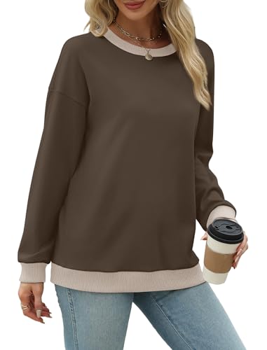 Image of Saloogoe Sweatshirts for Women Crewneck Long Sleeve Loose Fit Tops Color Block Ribbed Trim Fashion 2025