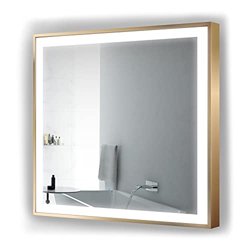 Krugg | Soho LED Bathroom Framed Mirror | Lighted Vanity Mirror Includes Dimmer & Defogger | Wall Mount Vertical or Horizontal Installation (Gold, 36Wx36L)