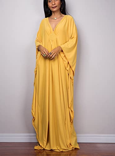 Image of RanRui Caftans for Women Solid Color Chiffon Plus Size Kaftan Dresses Beach Cover Up V Neck Batwing Sleeve Caftans Loungewear