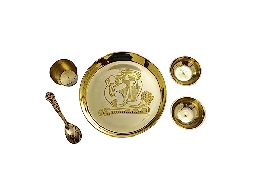 Image of Brass Laddu Gopal Pooja Bhog Thali Set for Home Temple Traditional Pooja Bartan Plate Pital (14 x 14)
