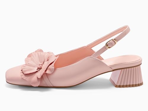 Coutgo Womens Slingback Chunky Heels Flower Closed Square Toe Pumps Work Dress Shoes4